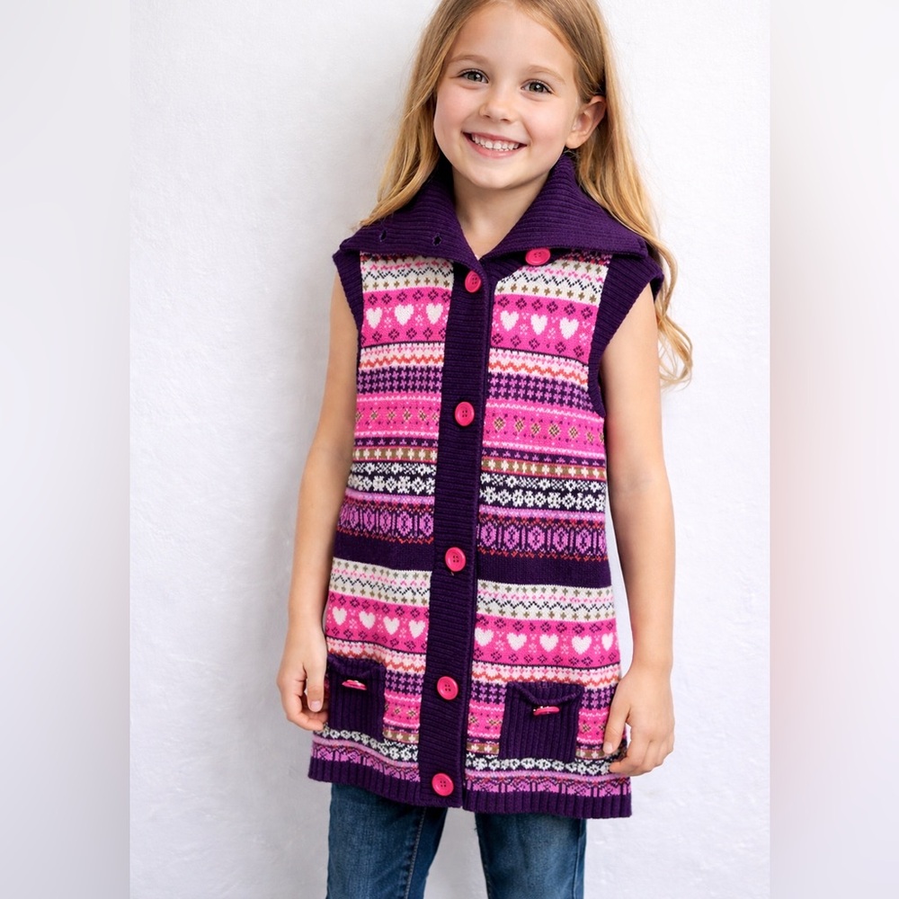 Hartstrings‎ Girls Fair Isle Sweater Vest Size 7/8 Pink Purple Knit